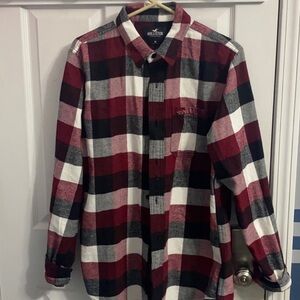 Hollister Men's Red, Black, and White Checkered Shirt flannel